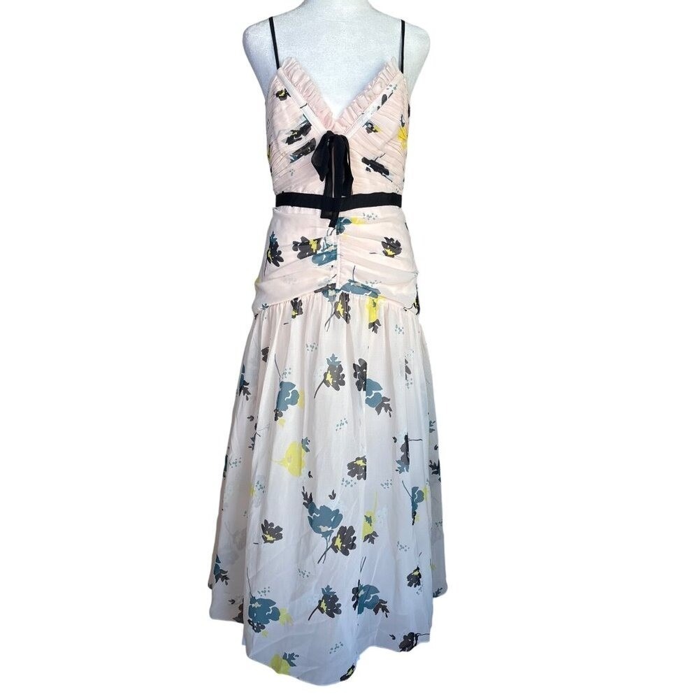 Self-Portrait Dress Size 8 Pink‎ Floral Chiffon Front Tie Midi Wedding Occasion